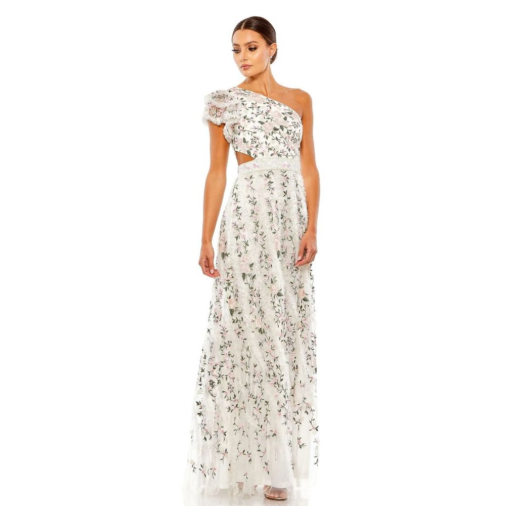 MAC DUGGAL Floral Embroidered Ruffle One-Shoulder Gown in Ivory Size US 6